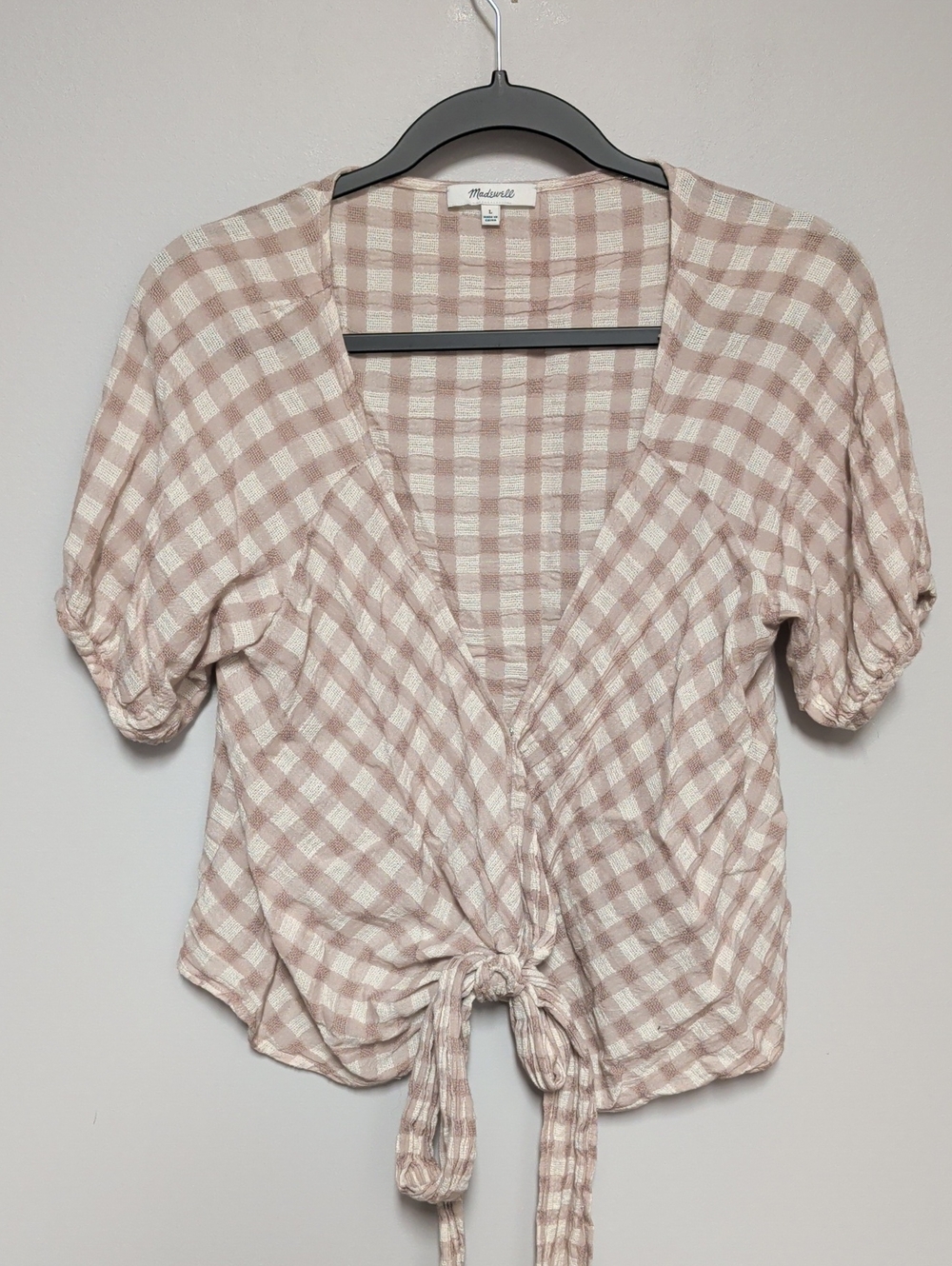 Madewell Cream and Blush Gingham Tie-Front Crop Top